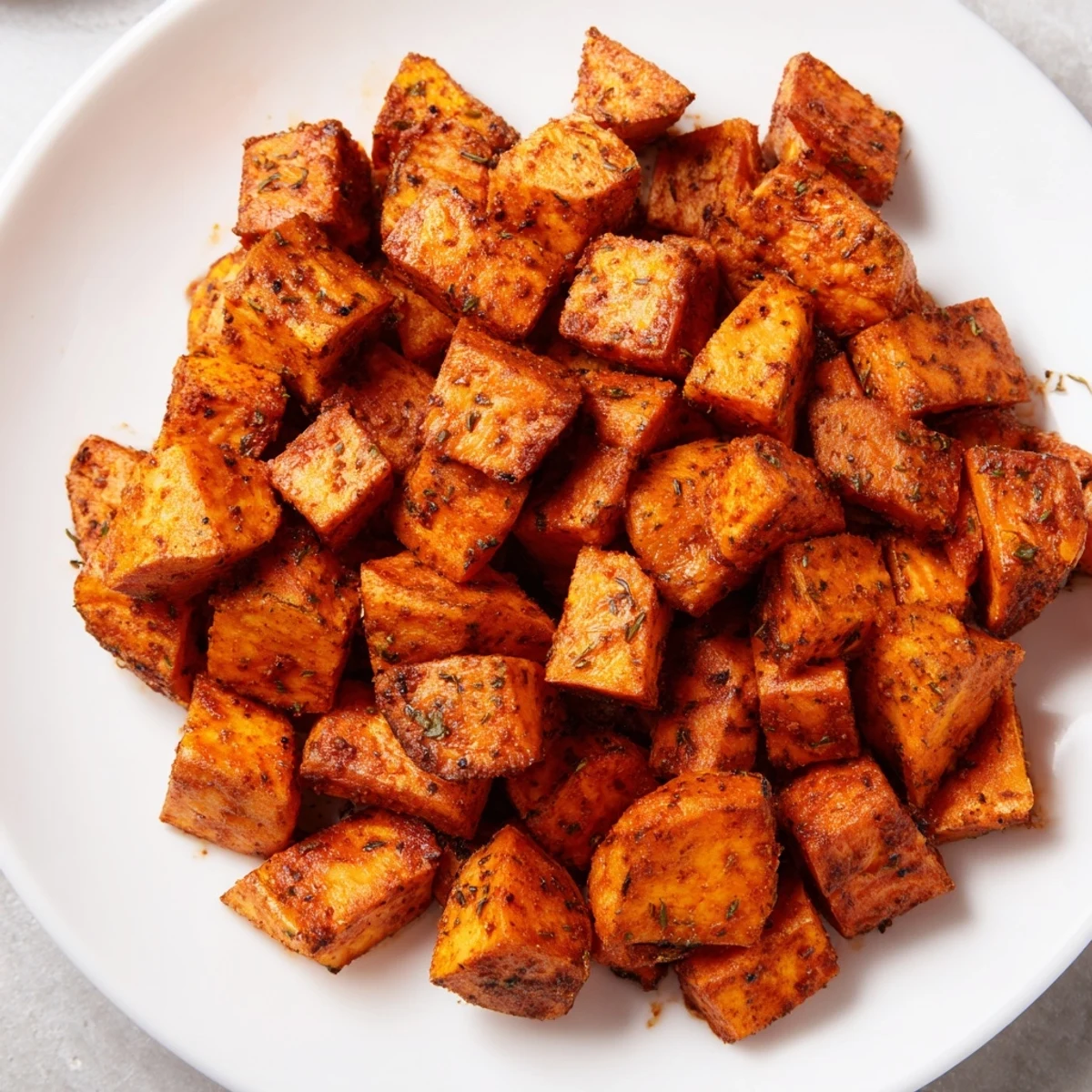 A platter of Creole Spiced Roasted Sweet Potatoes tossed in zesty Southern spices.  