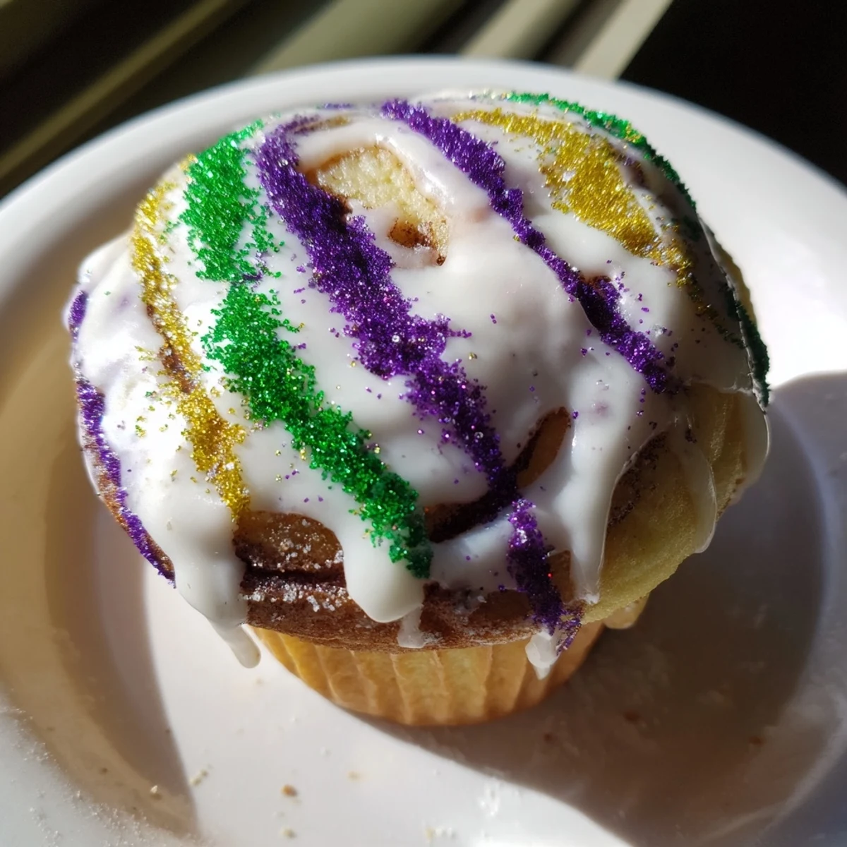 Moist cinnamon-swirled vanilla cupcakes topped with vibrant icing and festive purple, green, and gold colored sugars.