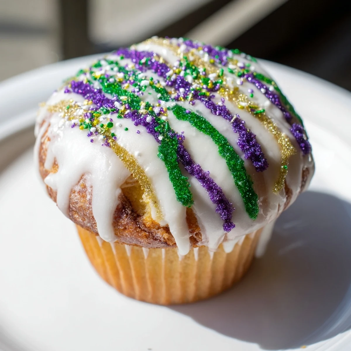 New Orleans-style King Cake Cupcakes with sweet vanilla icing and traditional Mardi Gras colored sugar decoration.