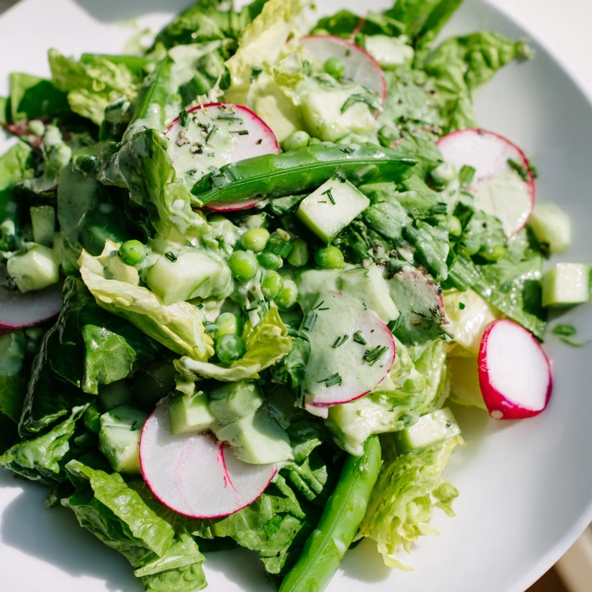 A vibrant bowl of Green Goddess Salad with Avocado Dressing shows crisp romaine, spinach, and diced cucumber tossed in a creamy green dressing.
