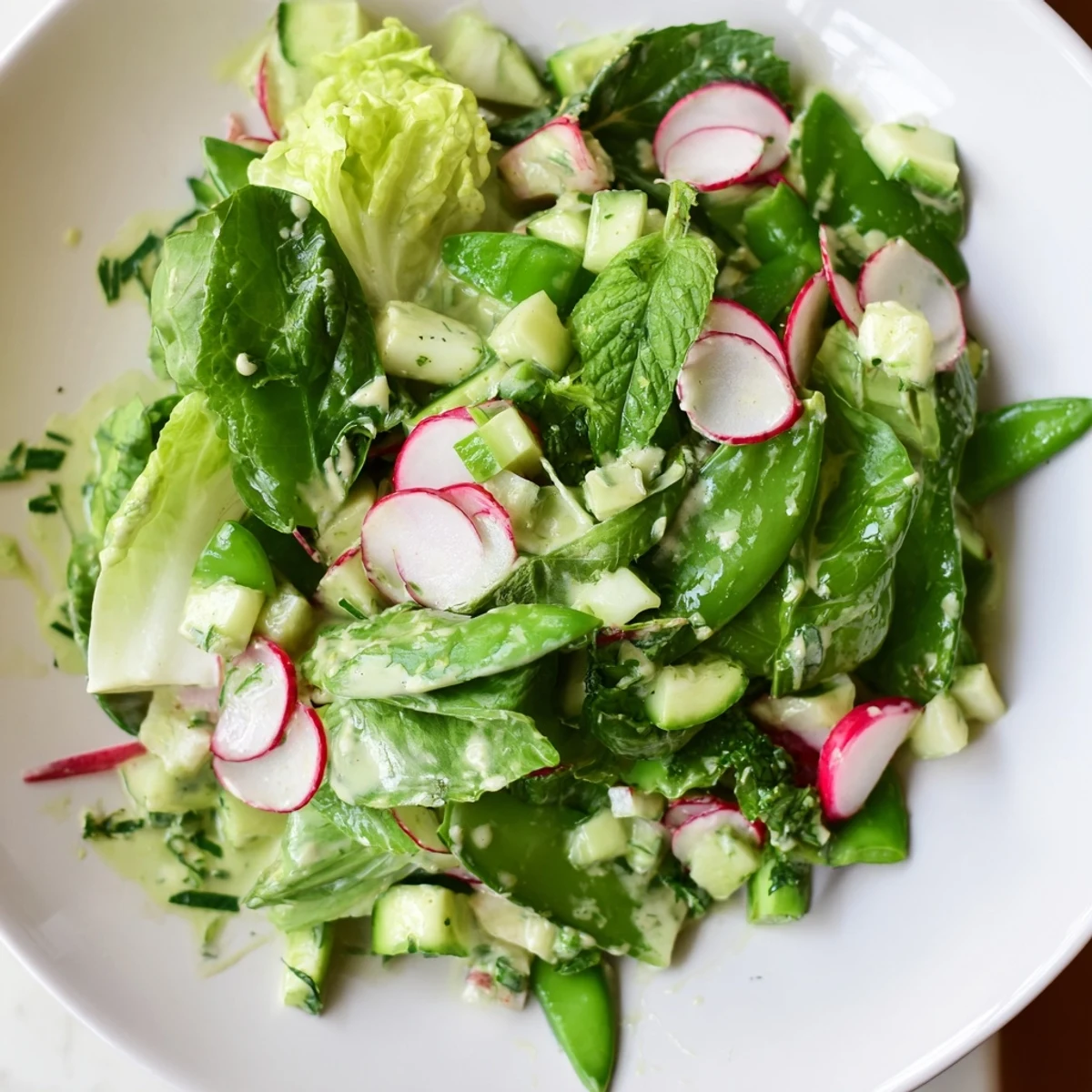 Green Goddess Salad with Avocado Dressing is plated with extra parsley and chives, ready to serve with grilled chicken or as a vegetarian meal.