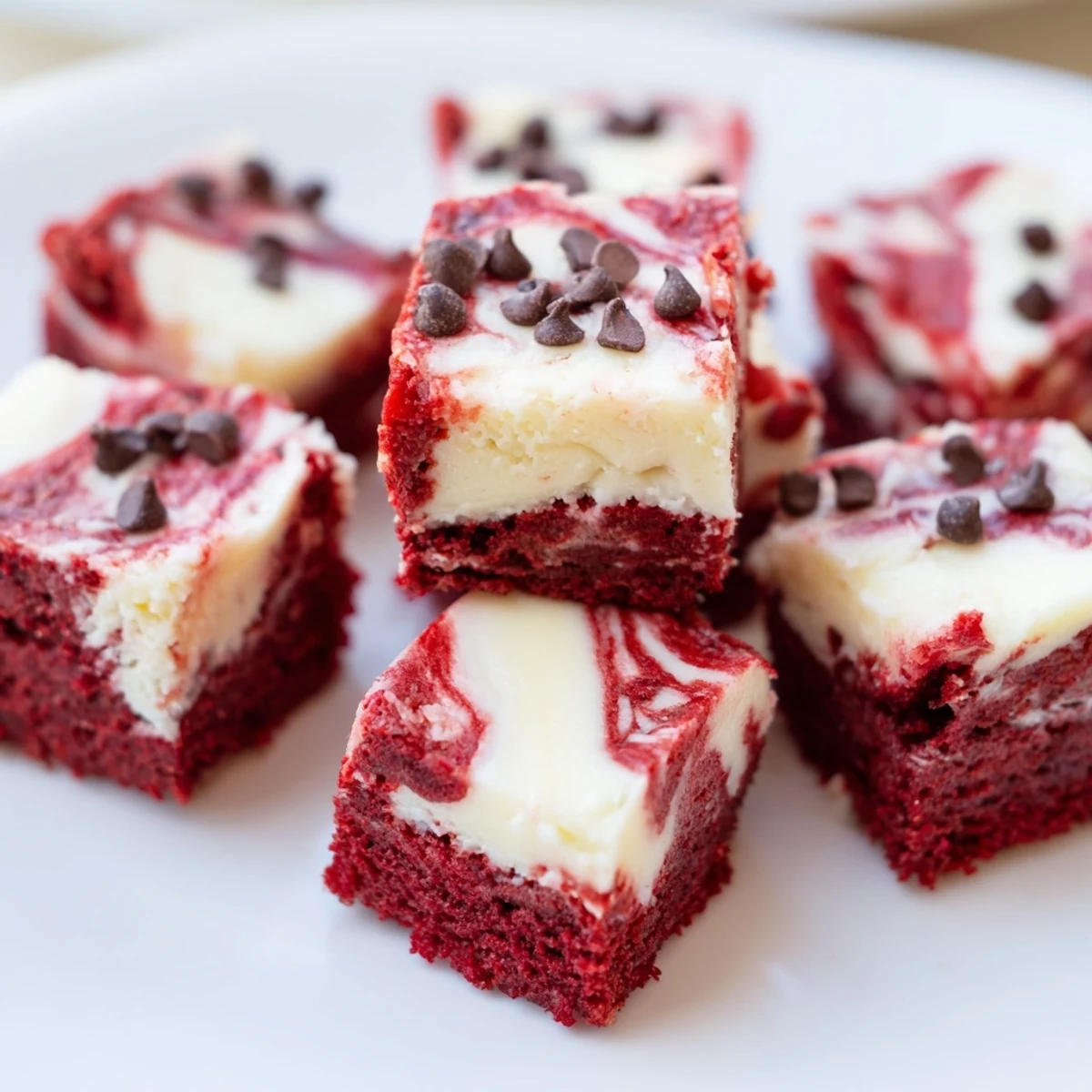 A close-up of Red Velvet Cheesecake Brownie Bites on a rustic platter, showing marbled red and cream swirls.  