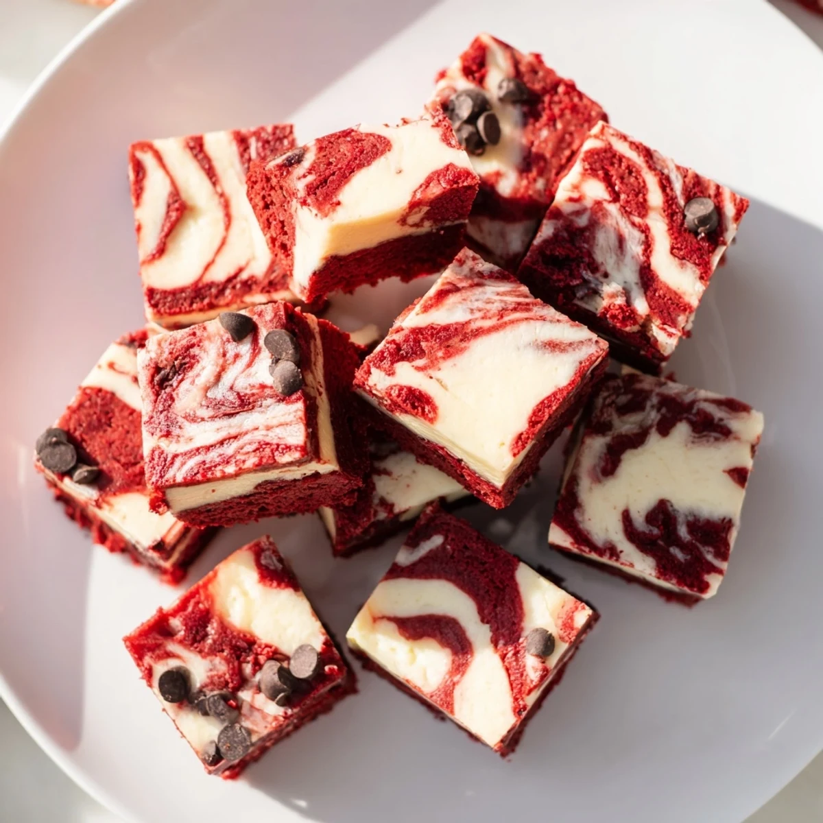 In a home kitchen, Red Velvet Cheesecake Brownie Bites are arranged on a cooling rack after baking.  