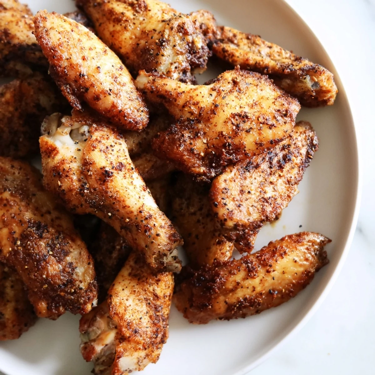 Golden-brown Tailgate Crispy Air Fryer Chicken Wings piled high on a platter, served with blue cheese dip and fresh celery sticks.