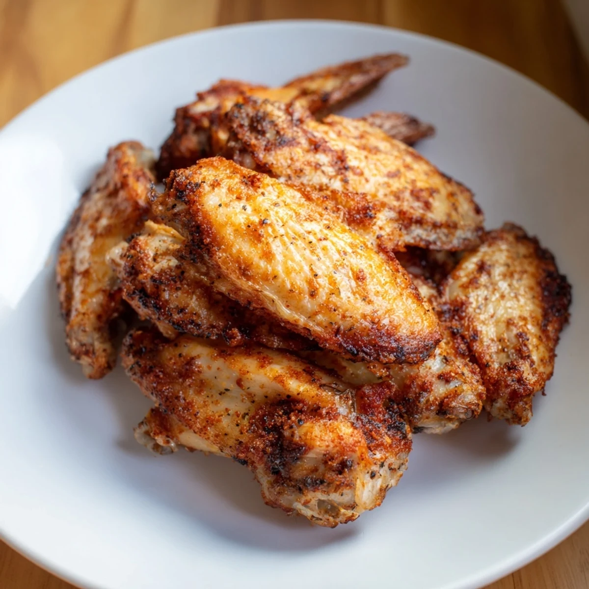 Tailgate Crispy Air Fryer Chicken Wings tossed in a spicy hot sauce glaze, glistening and perfect for a game day snack.