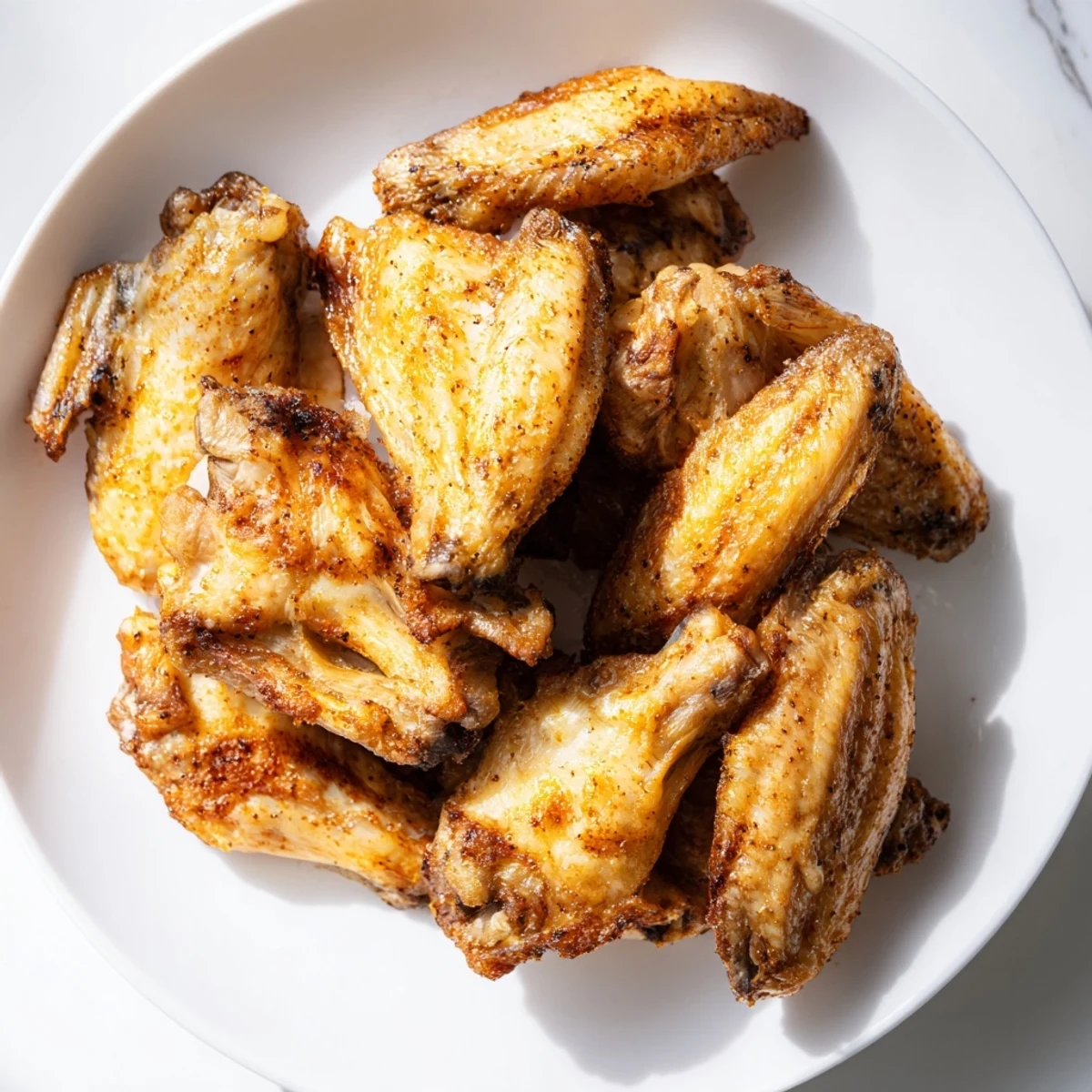 Seasoned Tailgate Crispy Air Fryer Chicken Wings with a crispy crust, ready to dip in ranch or blue cheese dressing.