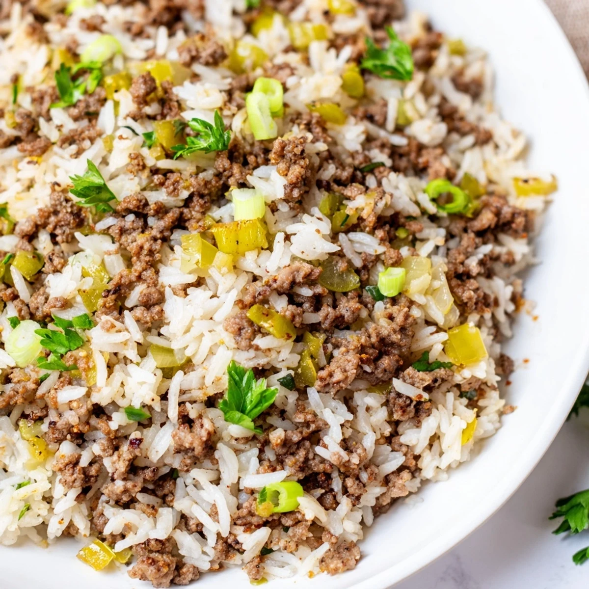 Plated Cajun Dirty Rice with ground beef and fluffy rice, served alongside cornbread for an authentic Southern dinner experience.