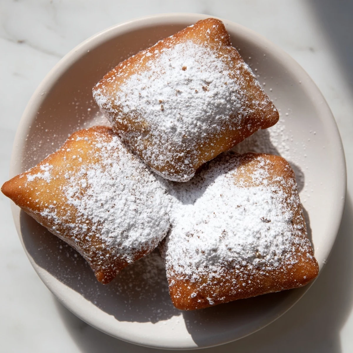 Golden-brown New Orleans Style Beignets are fried to perfection and dusted with a heavy blanket of powdered sugar on a plate.
