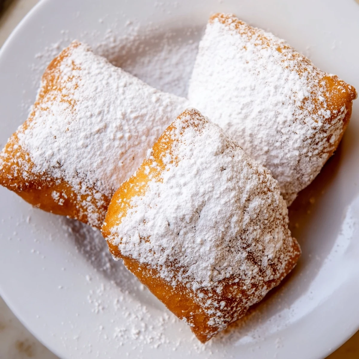 Warm, pillowy New Orleans Style Beignets sit on a plate, steam rising from the freshly fried squares with powdered sugar.