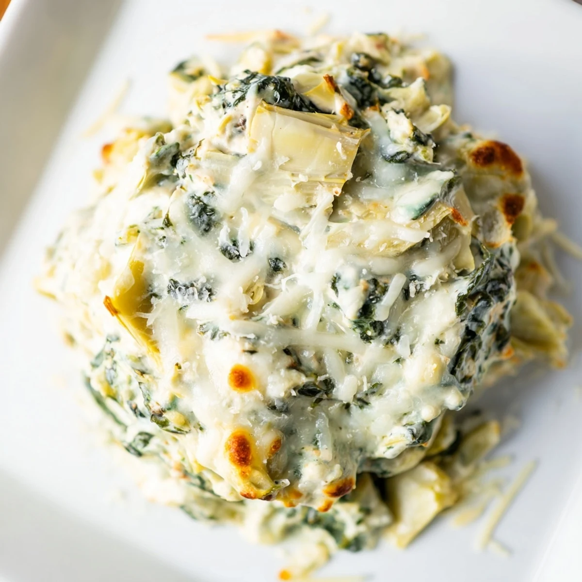 Freshly baked Creamy Spinach and Artichoke Dip steams in a ceramic dish next to toasted baguette.