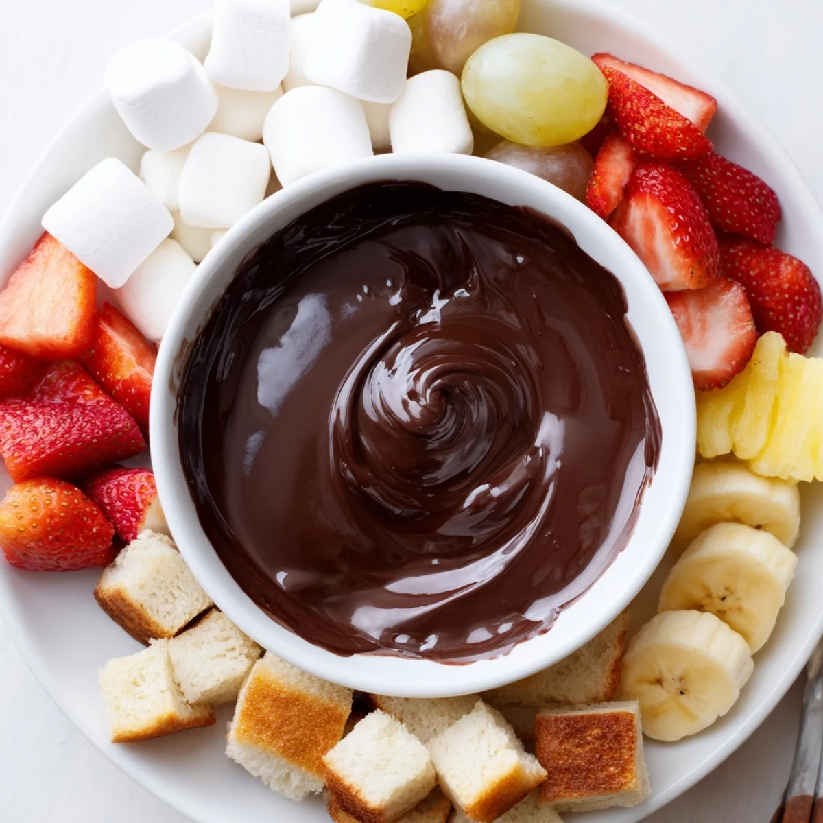 A close-up view of Romantic Chocolate Fondue with Marshmallows, showing gooey melted chocolate being drizzled over fresh strawberries.