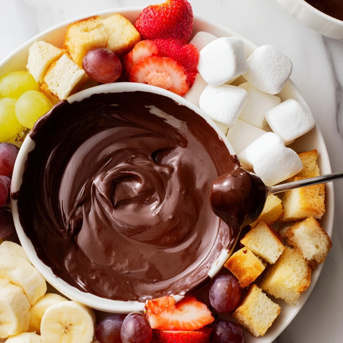 Steaming Romantic Chocolate Fondue with Marshmallows in a ceramic pot, featuring a platter of bananas, pineapple, and skewers ready for dipping.