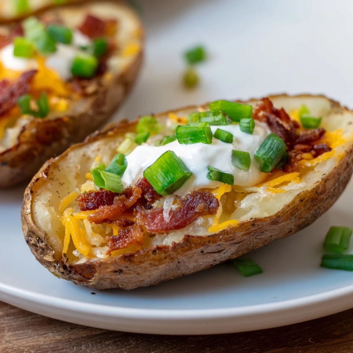 Golden, crispy Game Day Loaded Potato Skins with Beef Bacon overflow with melted cheddar and sour cream.