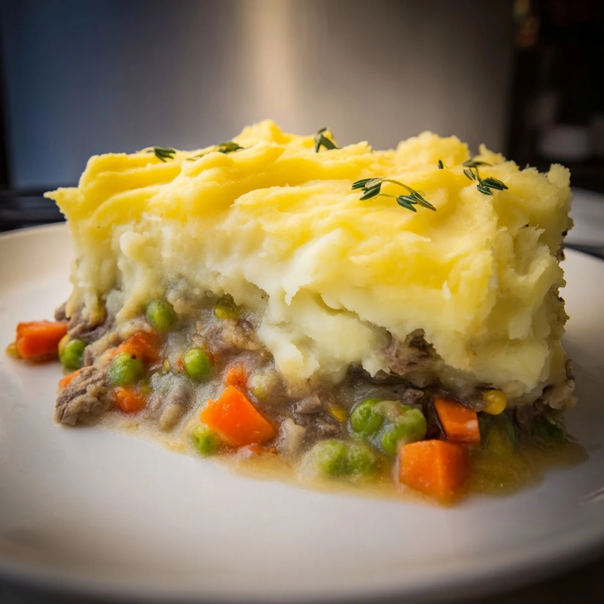 Golden-brown creamy mashed potatoes top a rich lamb and vegetable filling in this savory Shepherd's Pie.