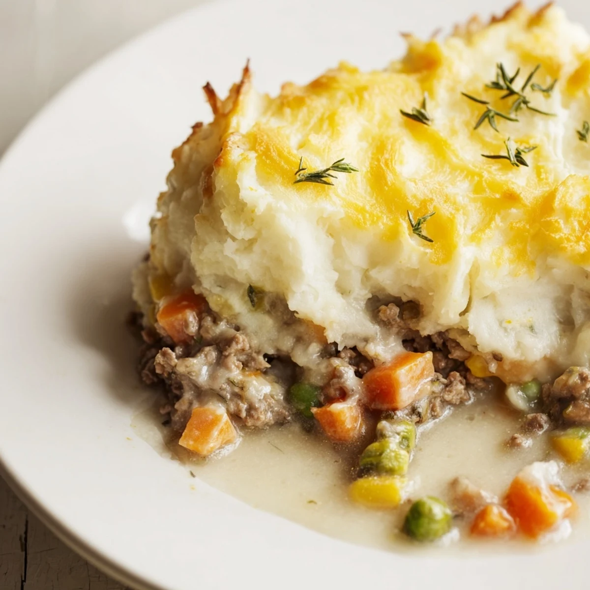 Freshly baked Shepherd's Pie with savory lamb and vegetables served hot, ready for a comforting family dinner.