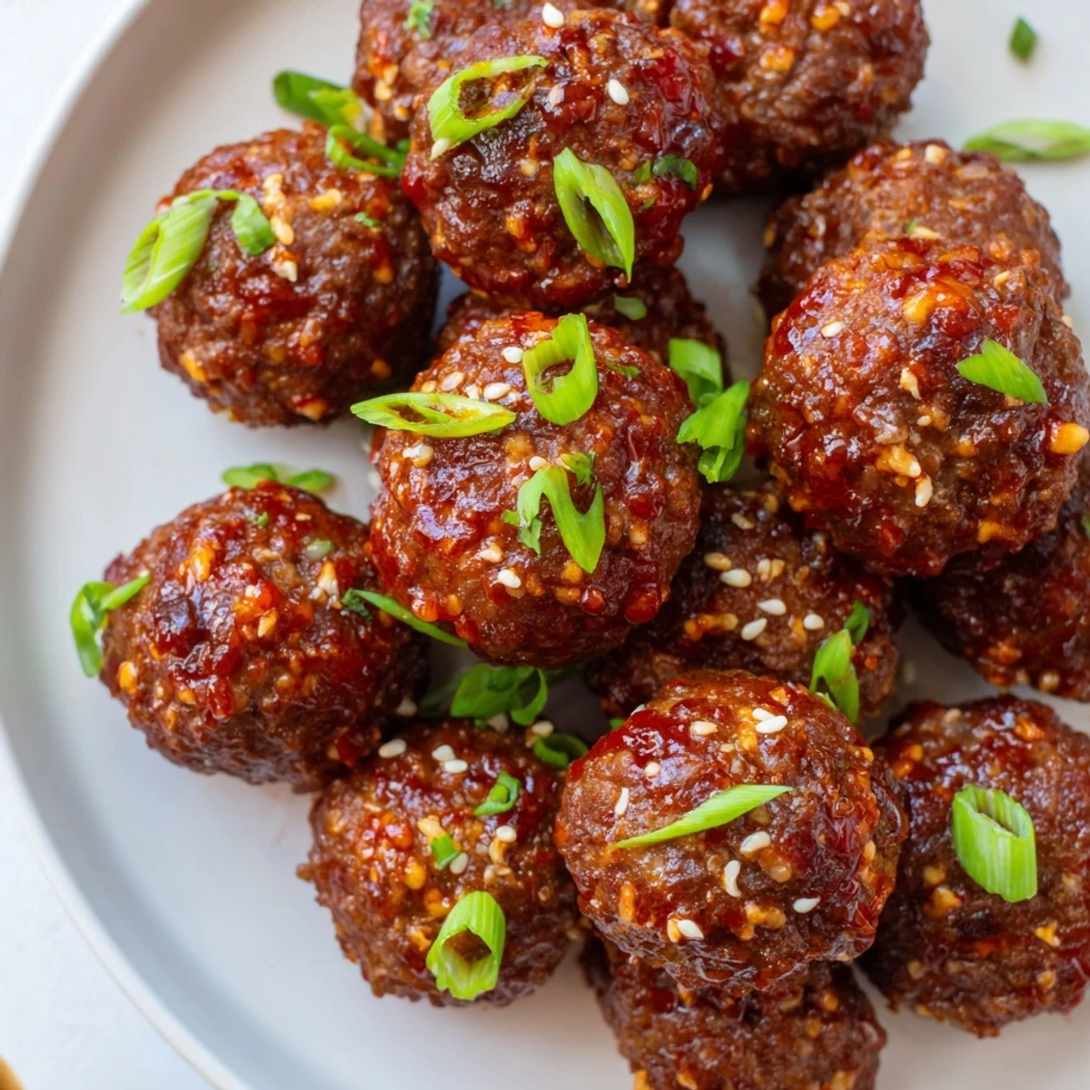 A close-up shows Spicy Sriracha Beef Meatballs with Sesame, revealing juicy interiors and toasted sesame seeds on a dark serving dish.