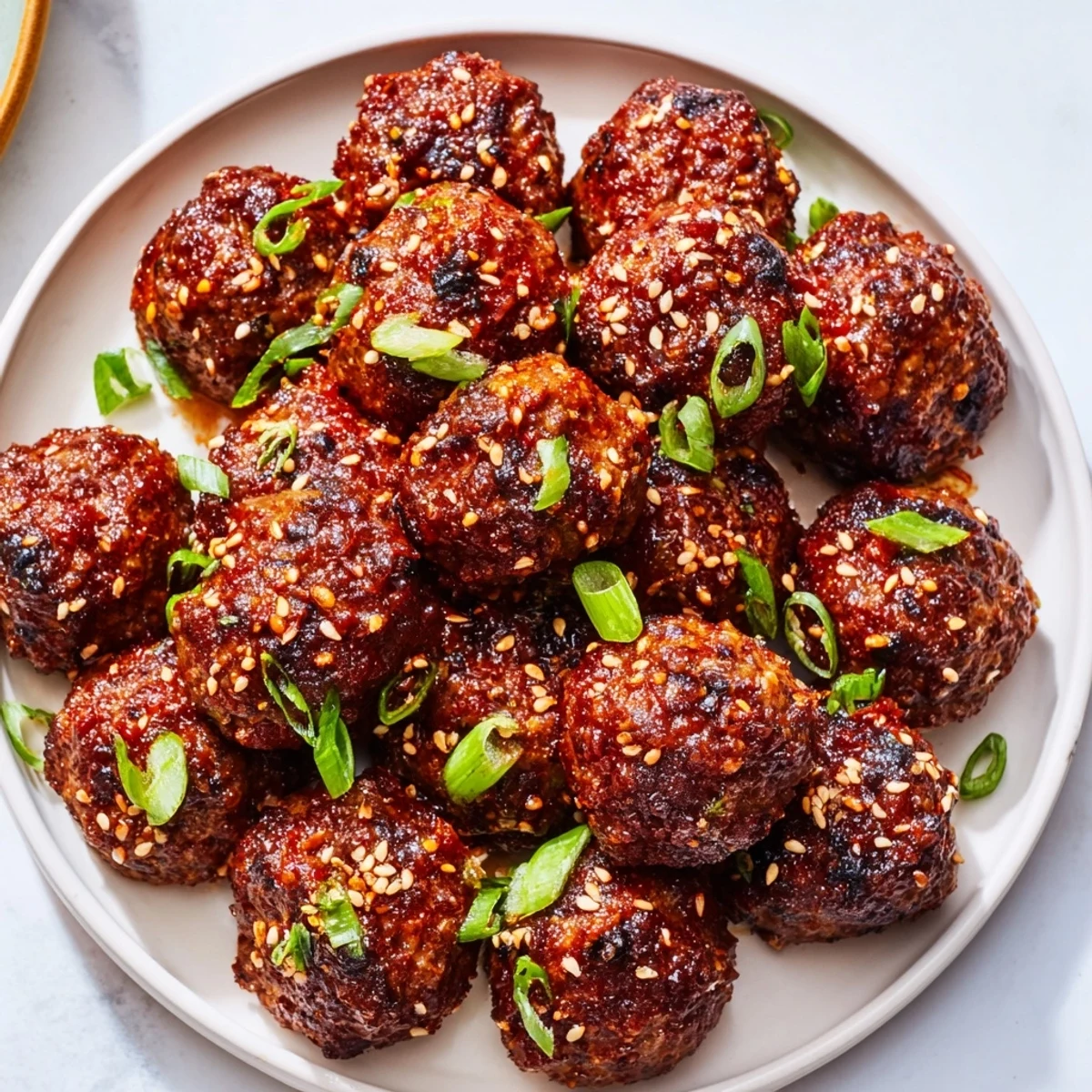 Golden-brown Spicy Sriracha Beef Meatballs with Sesame rest on a platter, glazed with a sticky red sauce and garnished with green onions.