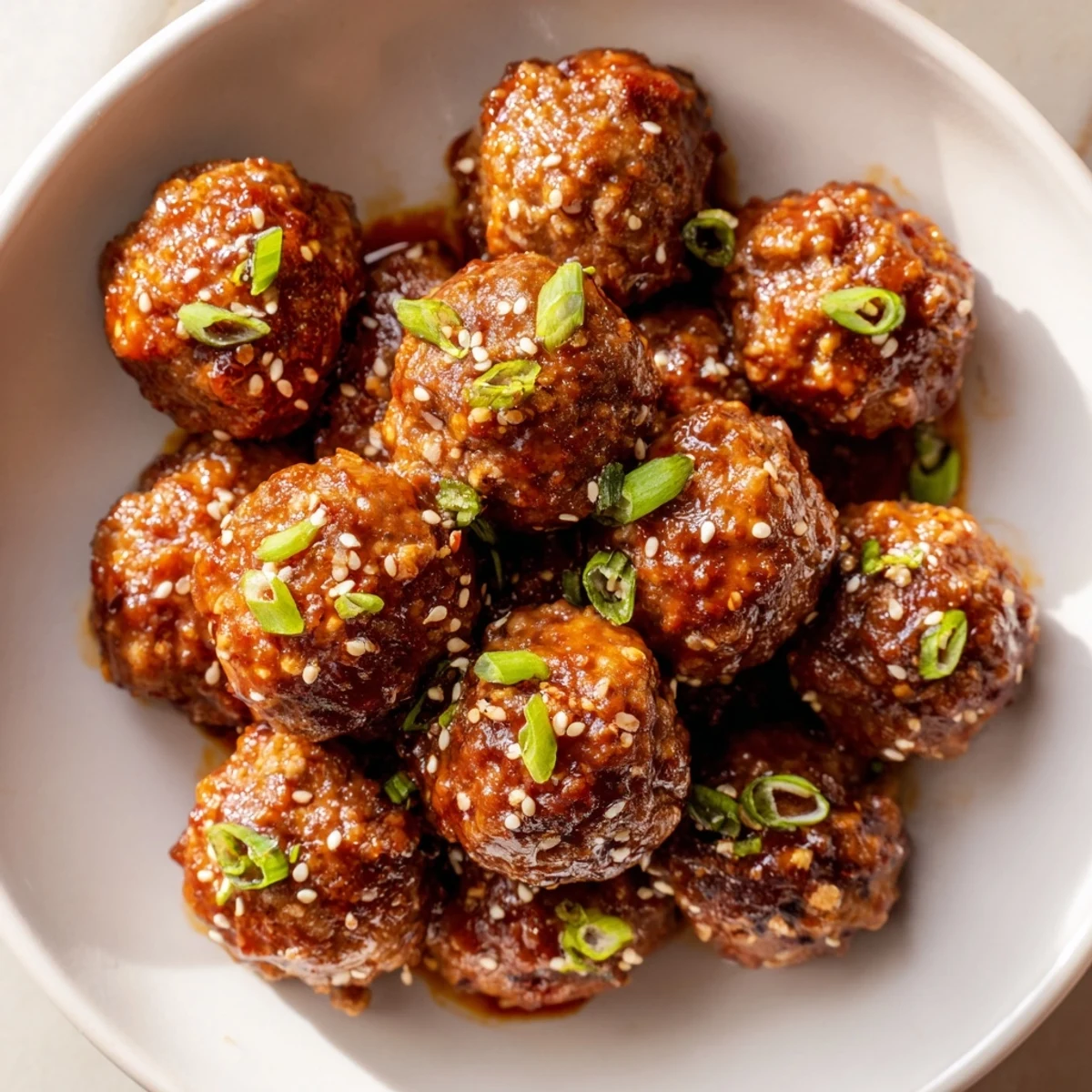 Spicy Sriracha Beef Meatballs with Sesame are piled high in a white bowl, ready to be enjoyed as a main course or appetizer.