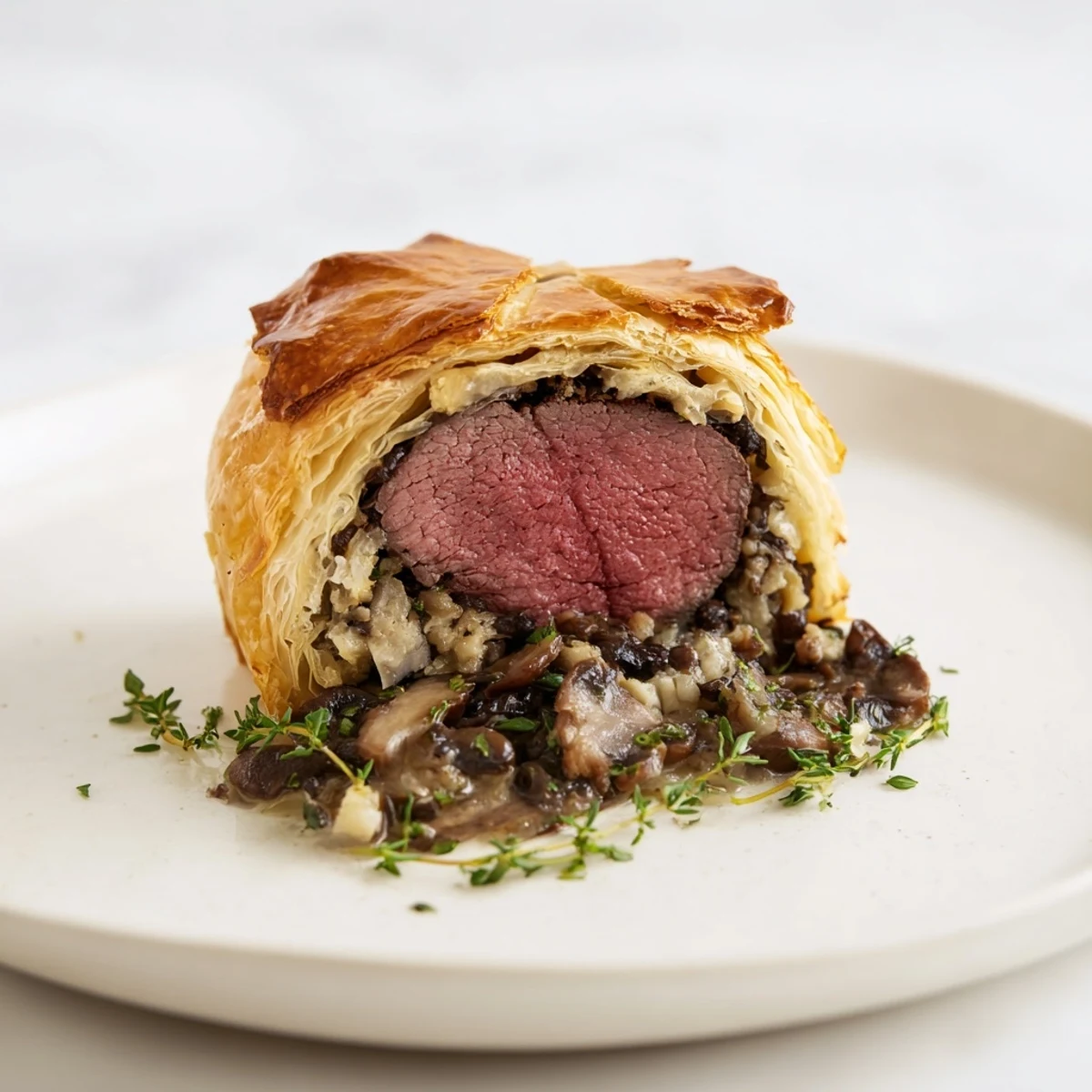 Golden, flaky puff pastry wraps tender beef medallions and rich mushroom duxelles for a savory bite.