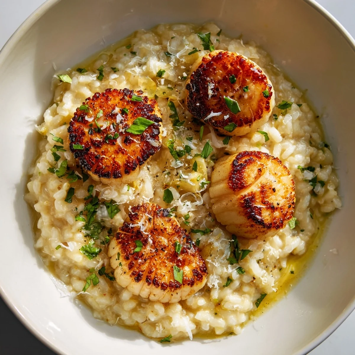 Golden-brown seared scallops rest on creamy lemon butter risotto, garnished with fresh parsley and zest.