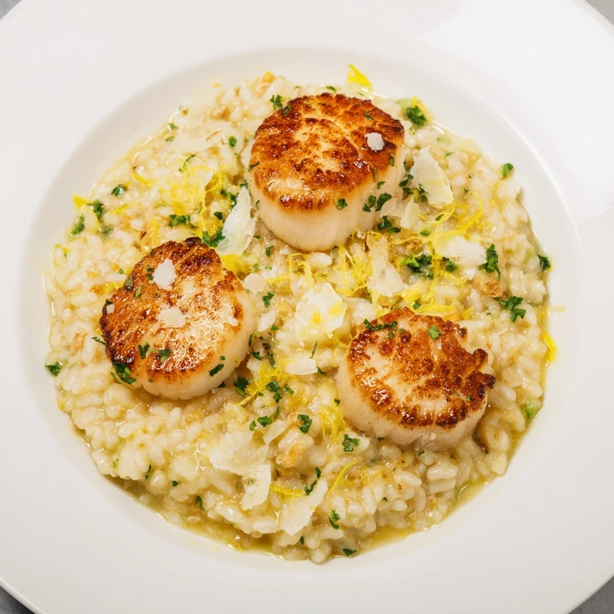 Spoonfuls of golden scallops and lemony risotto make an elegant dinner on white plates.