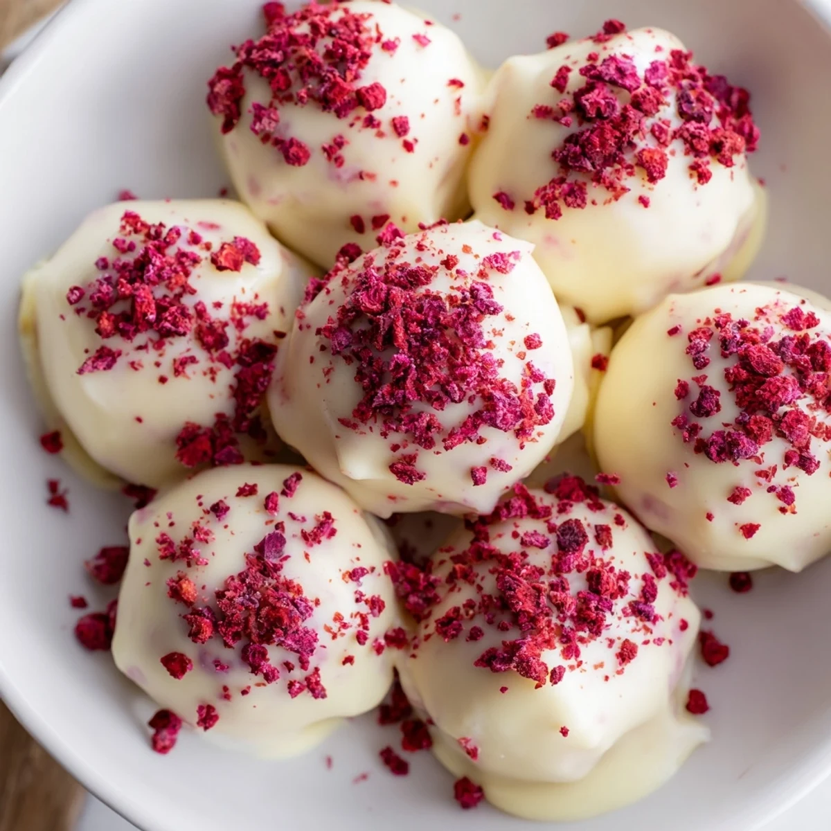 A pile of finished White Chocolate Raspberry Truffles sits beside a cup of coffee, ready for a dessert platter.