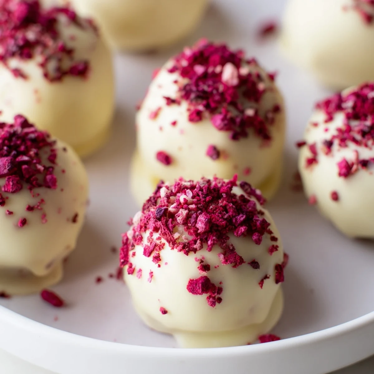 Smooth, glossy White Chocolate Raspberry Truffles are rolled and garnished with freeze-dried raspberry bits on a marble counter.
