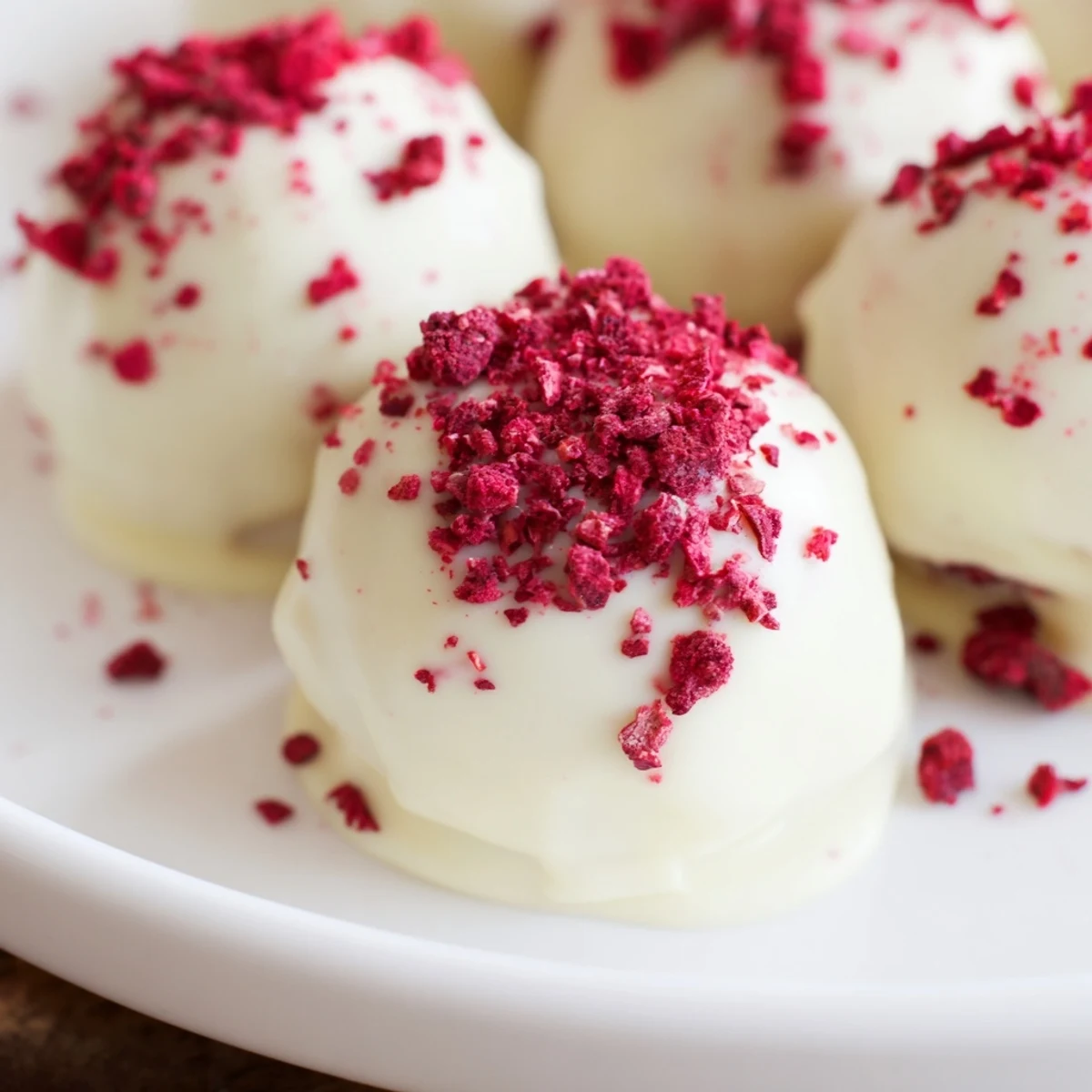 Hands dip a White Chocolate Raspberry Truffle into melted chocolate, adding a final raspberry crumble topping in close-up.