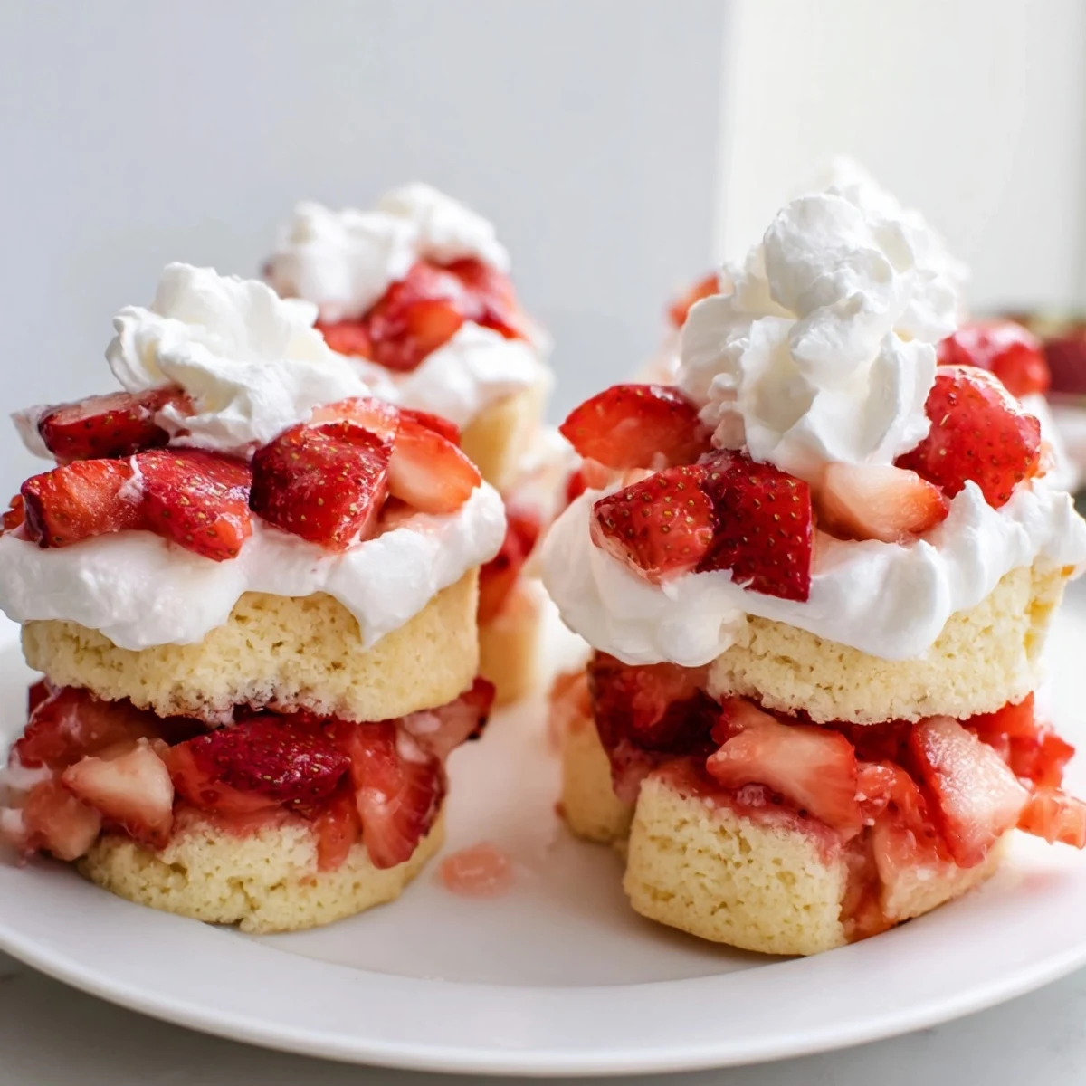 Six golden shortcake cups stacked with sweet, juicy strawberries and vanilla whipped cream for an indulgent individual treat.