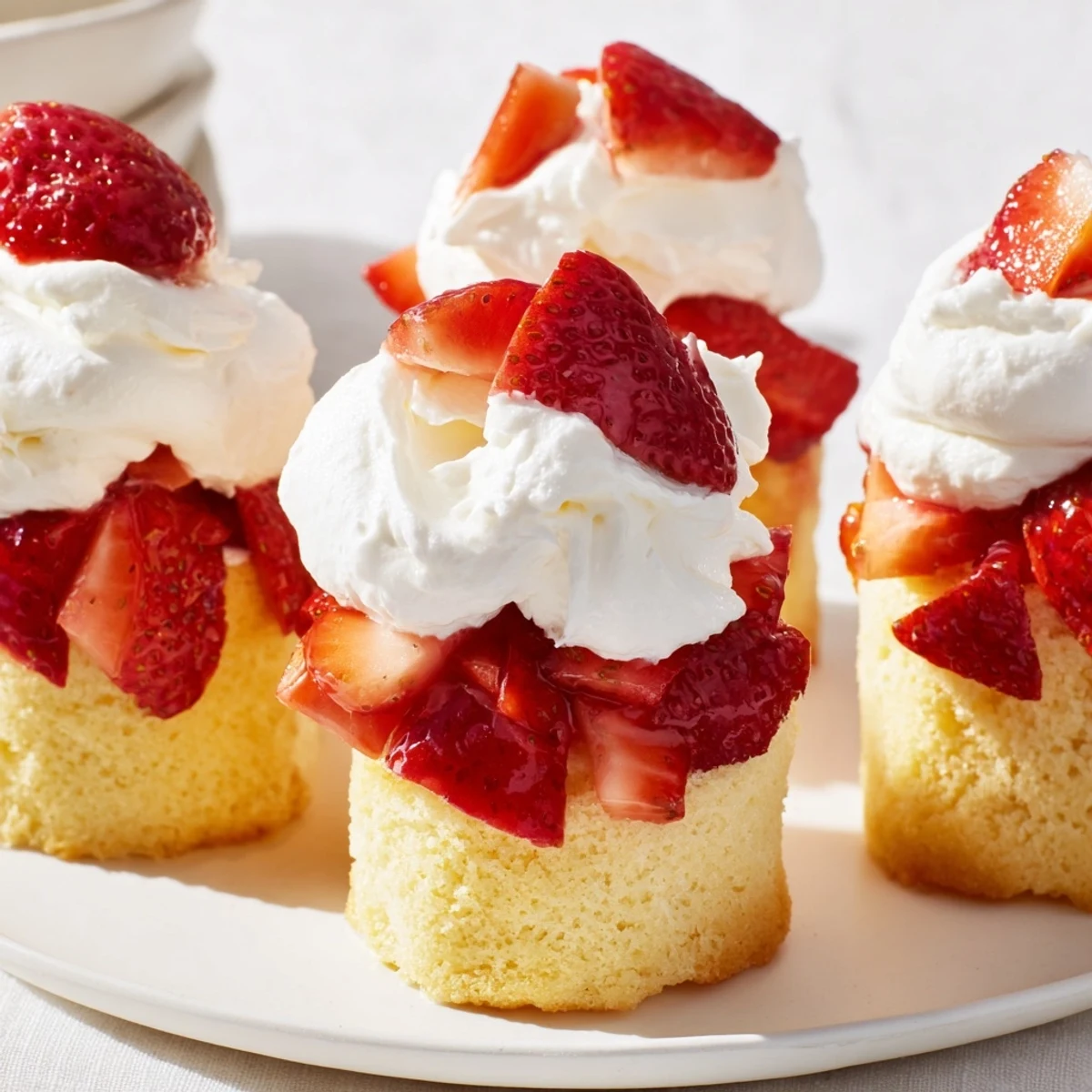 Golden shortcake cups sliced open to reveal vibrant strawberries and soft whipped cream, served on a white ceramic plate.