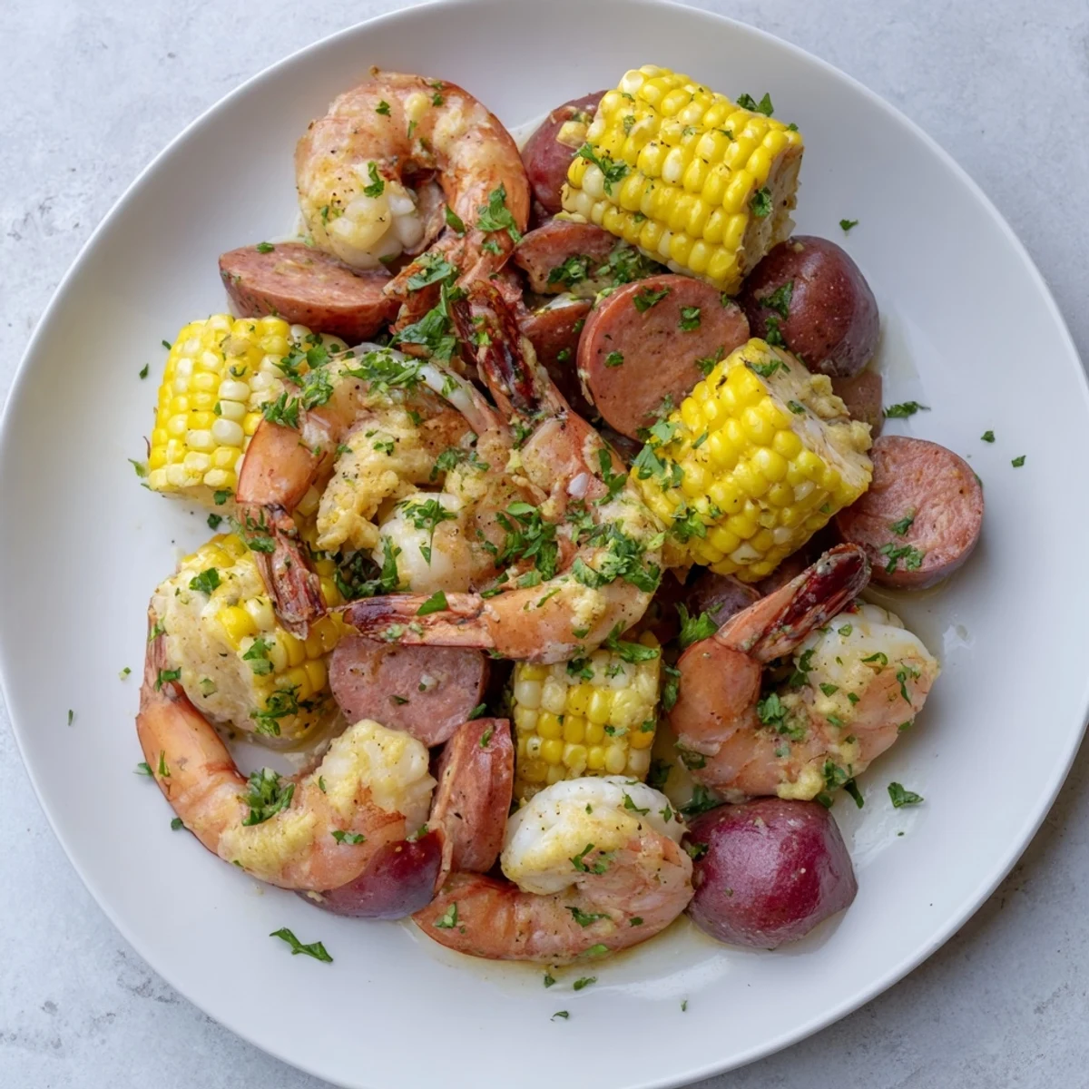 Hearty Mardi Gras Shrimp Boil served family-style with juicy shrimp, Andouille sausage, and melted butter drizzle.