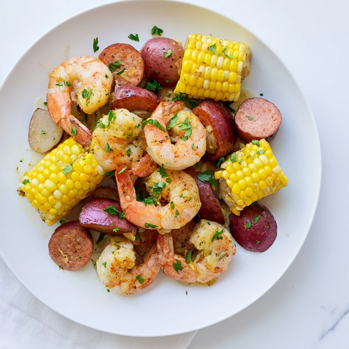 Close-up view of a Mardi Gras Shrimp Boil, showcasing tender potatoes, bright lemon slices, and steaming corn on the cob.  