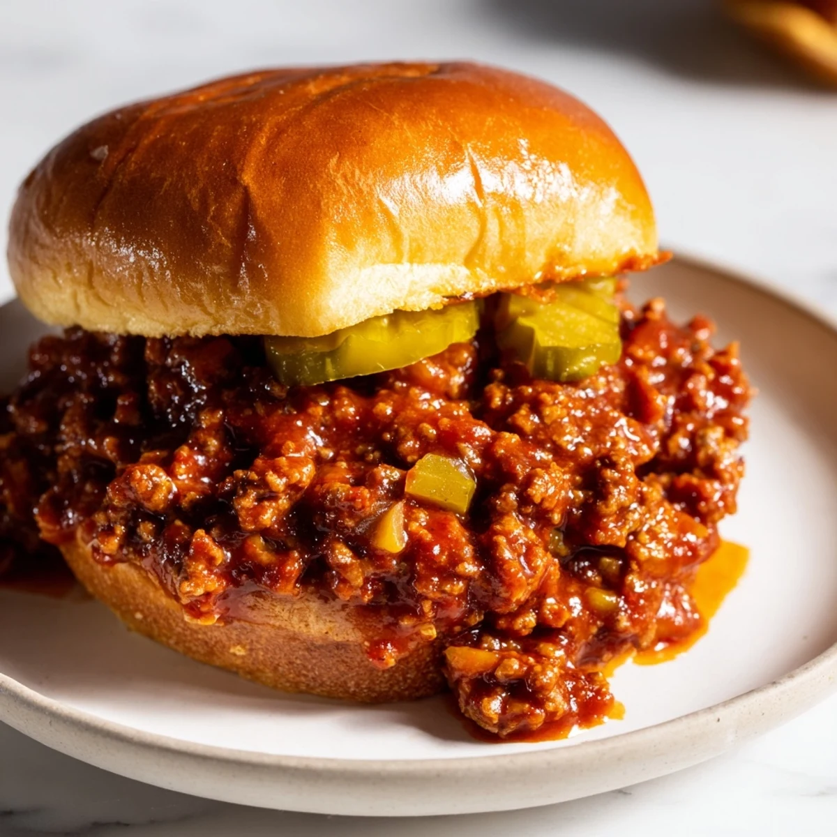 Juicy, tangy sloppy joes nestled in buttery toasted buns, topped with crisp pickle chips for a classic American family dinner.  