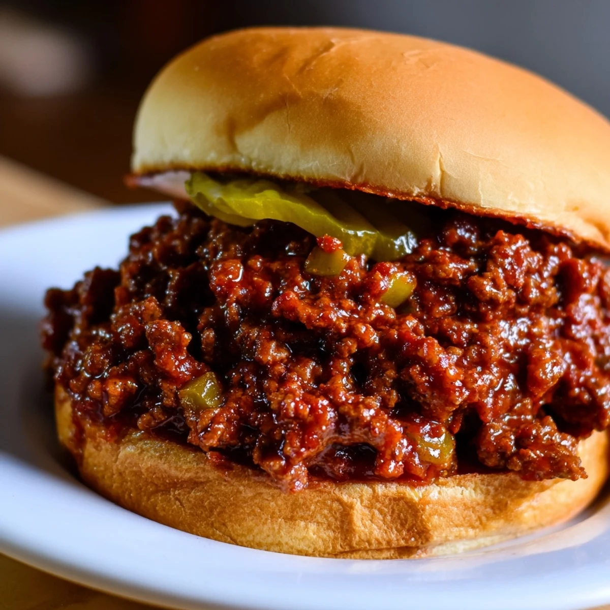 Golden toasted hamburger buns cradling a savory, saucy sloppy joe filling, served hot with a side of crunchy pickles.