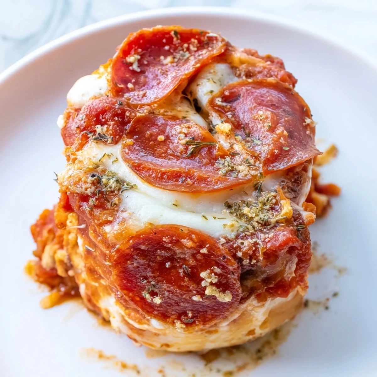 Golden-brown pizza rolls with beef pepperoni and melted mozzarella, baked to perfection and served on a wooden board.  