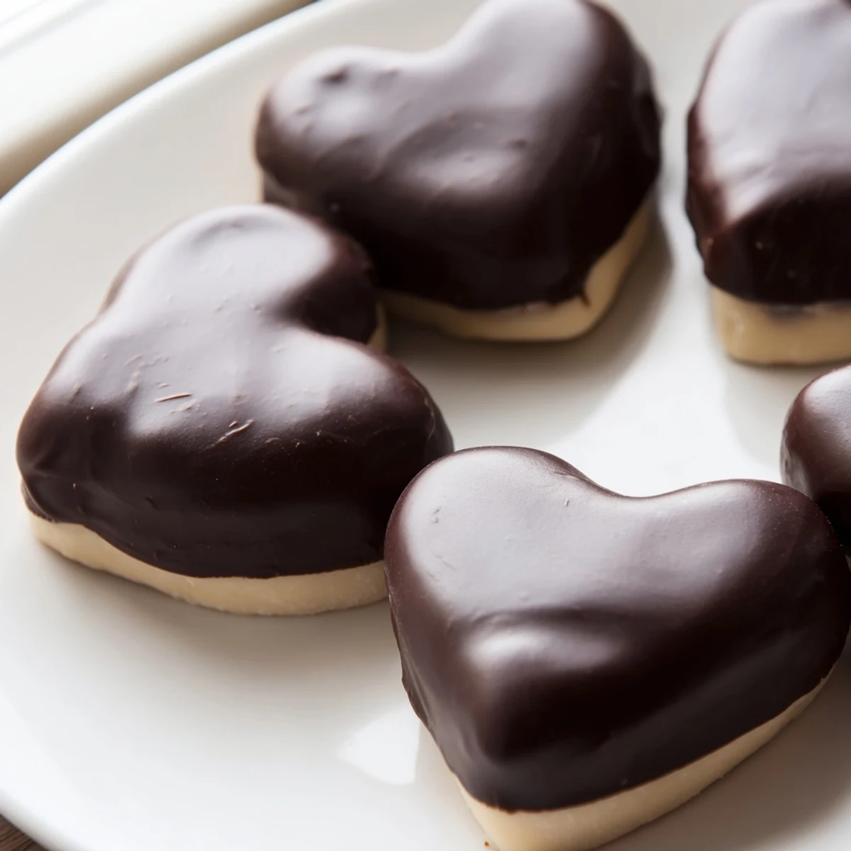 Freshly made chocolate peanut butter hearts, rich and creamy, arranged on a parchment-lined baking sheet.  