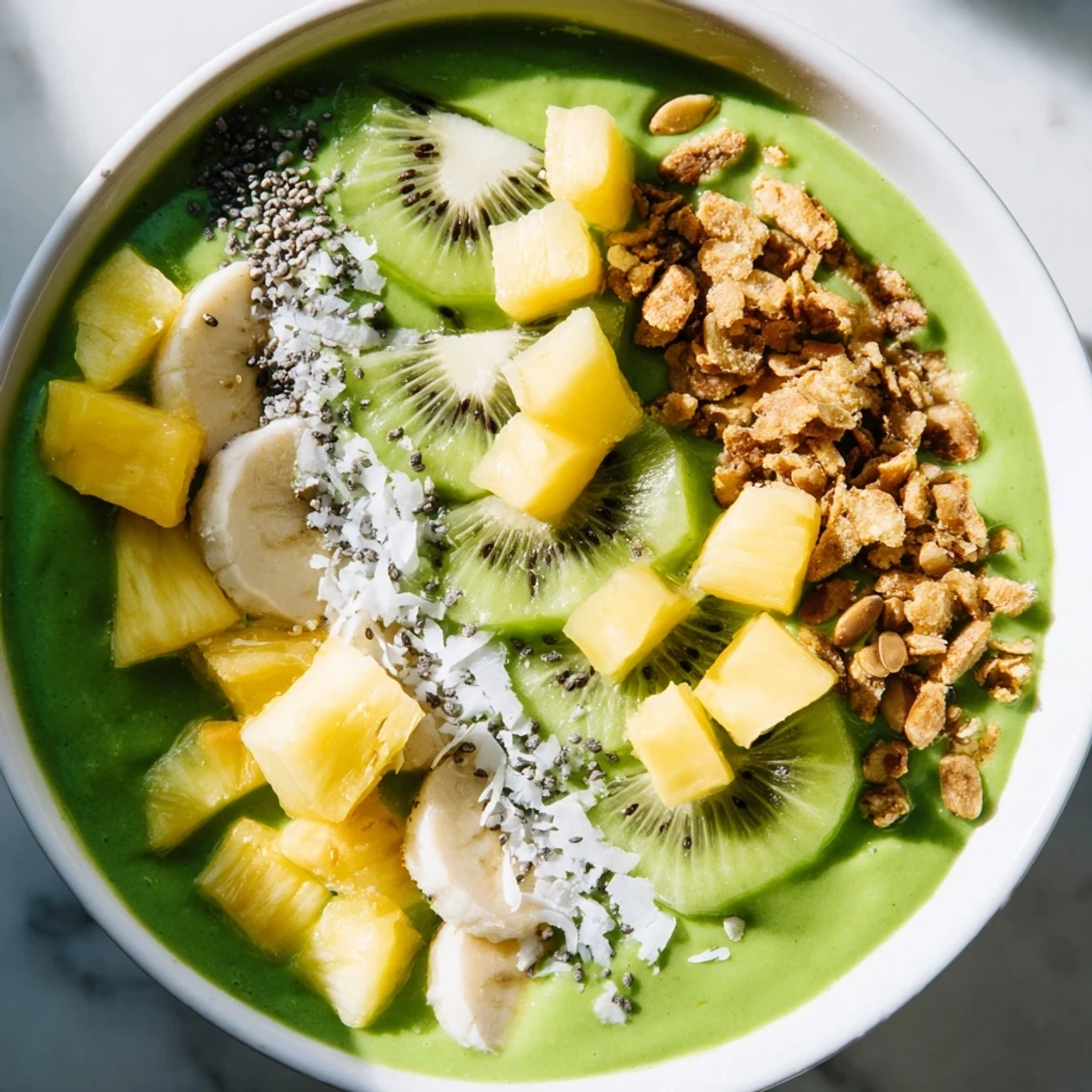 Heaping bowl of creamy spinach and pineapple smoothie, topped with fresh fruit and granola.