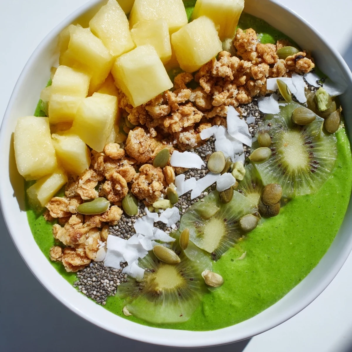 Vibrant green smoothie bowl with spinach and pineapple, garnished with seeds and coconut flakes.  