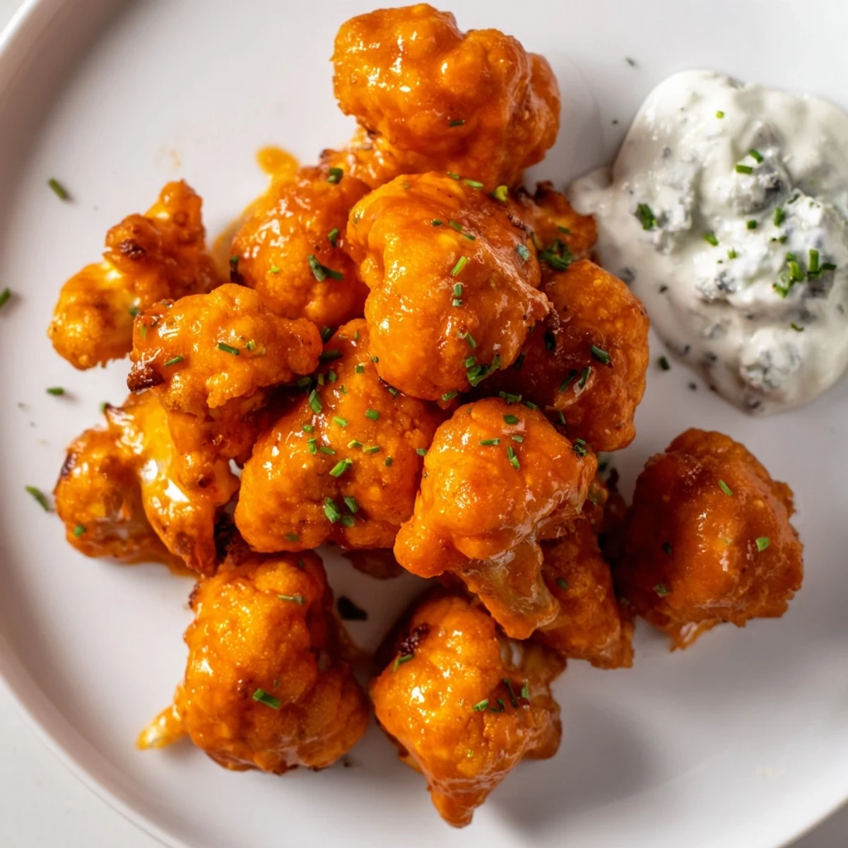 Golden-brown Buffalo Cauliflower Wings with Blue Cheese Dip, served hot with fresh celery and carrot sticks on a rustic platter.