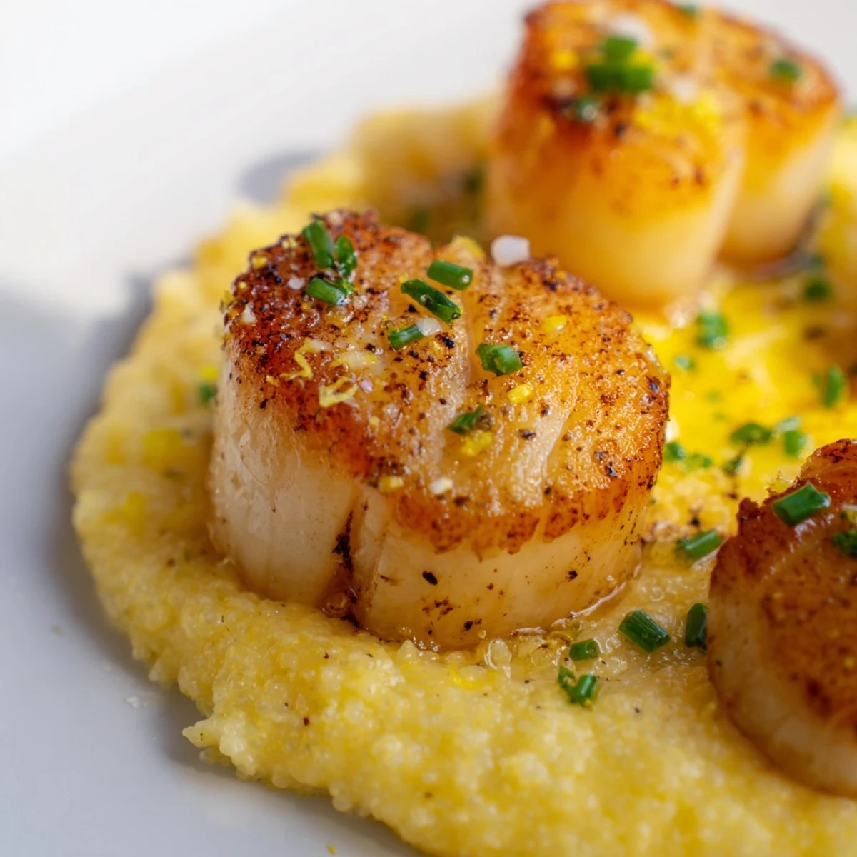 In a skillet, Pan Seared Scallops with Creamy Polenta sear to a crisp crust while the polenta stays warm and creamy.