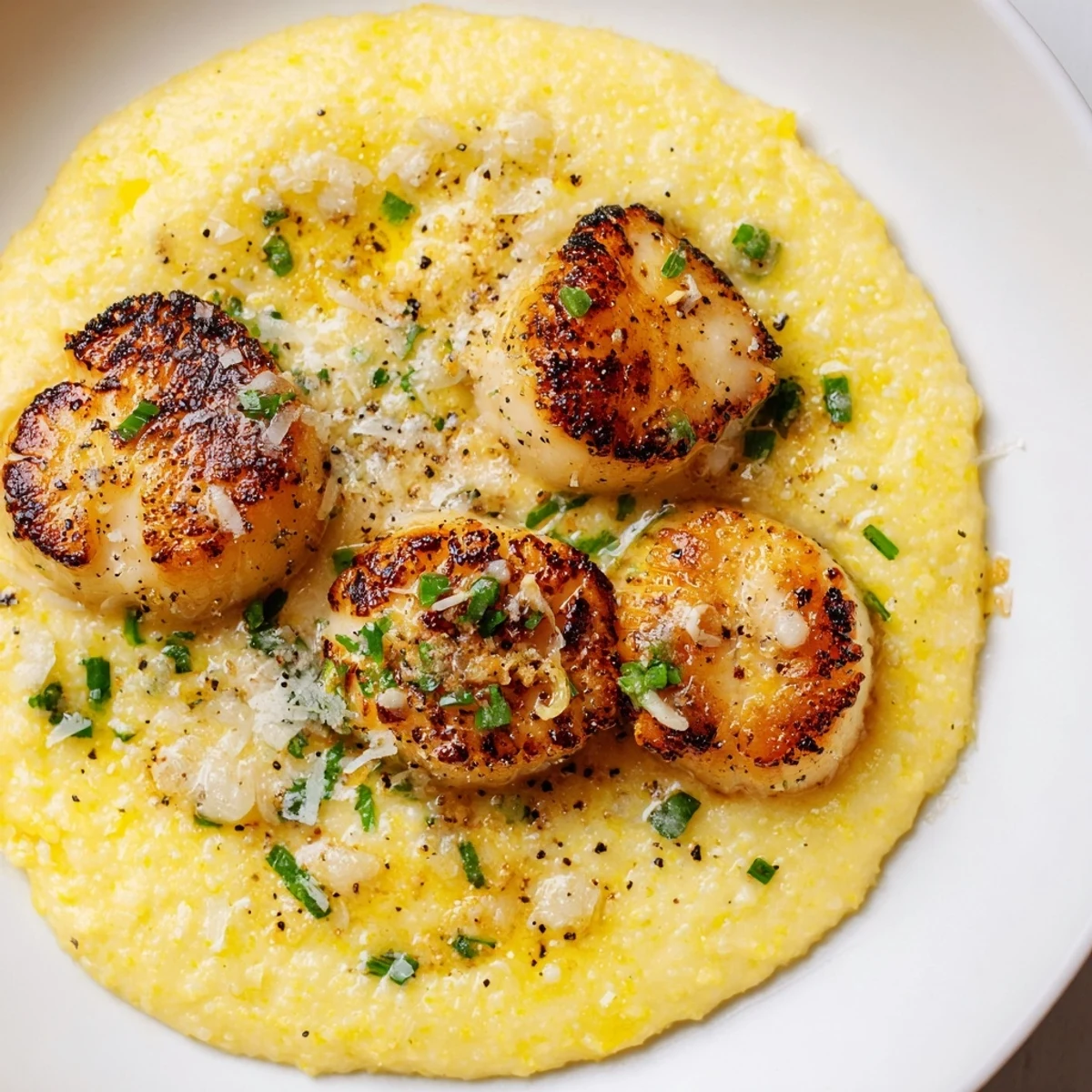 Pan Seared Scallops with Creamy Polenta on a plate, garnished with fresh chives and parsley for a bright, elegant dinner finish.