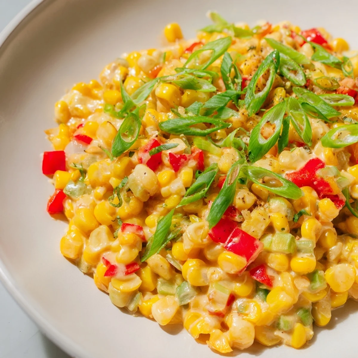 A close-up of Creole Corn Maque Choux with Peppers in a rustic skillet, garnished with fresh parsley. 
