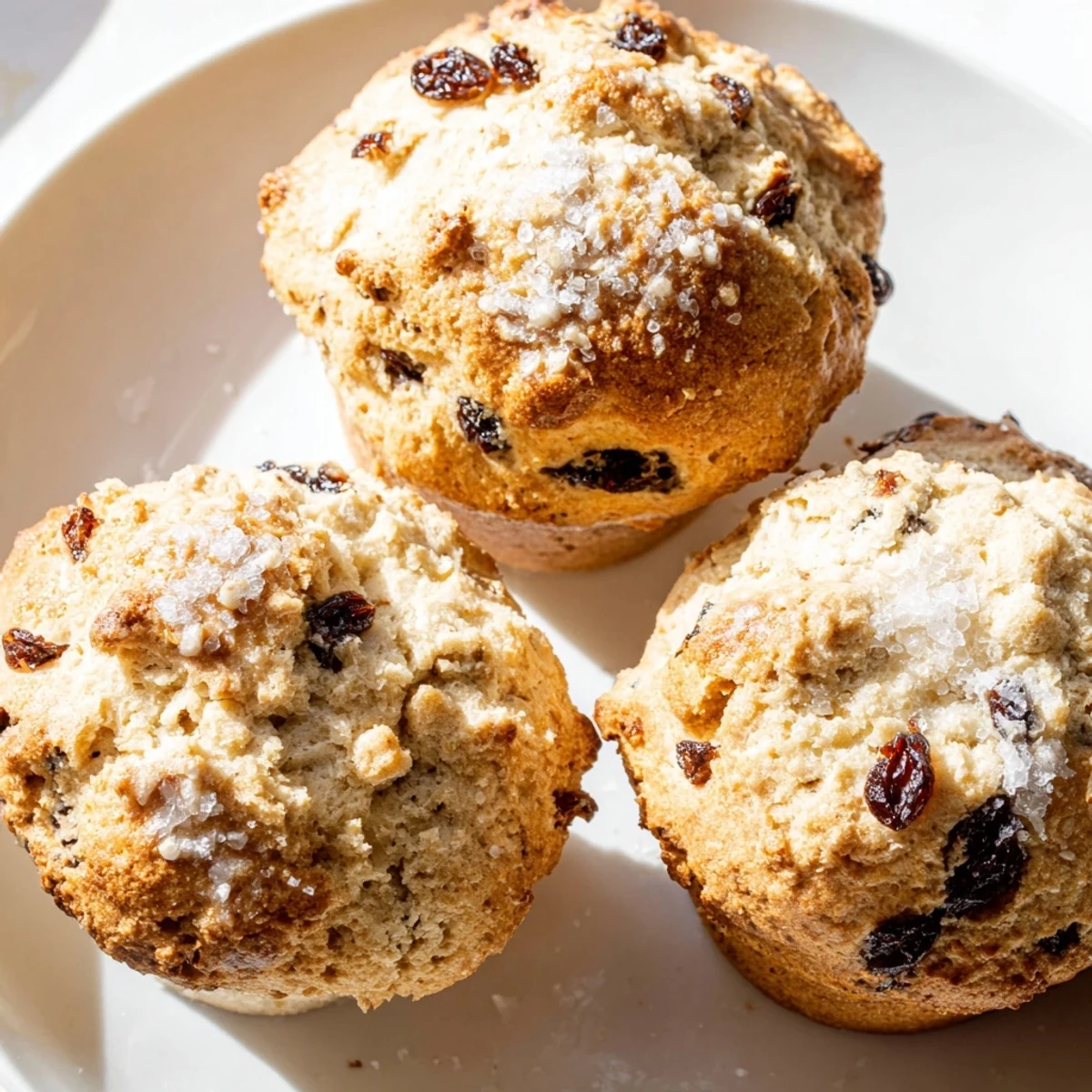 Golden-brown Irish Soda Bread Muffins with Raisins, fresh from the oven, on a rustic wooden board with butter.