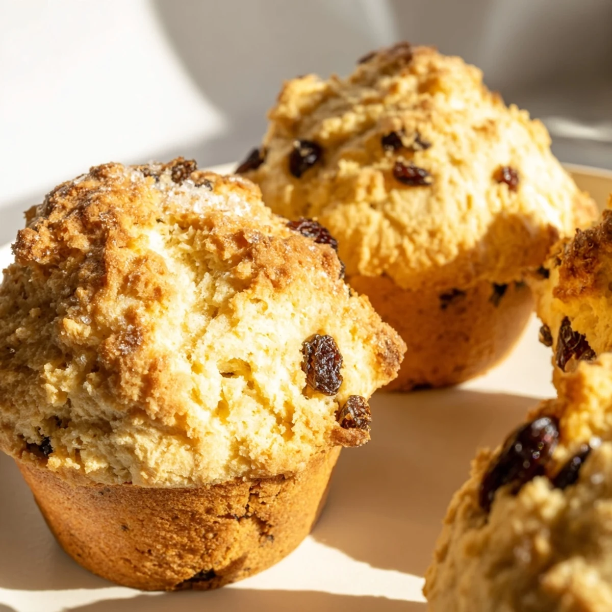 Warm Irish Soda Bread Muffins with Raisins are served on a plate, next to a jar of honey.