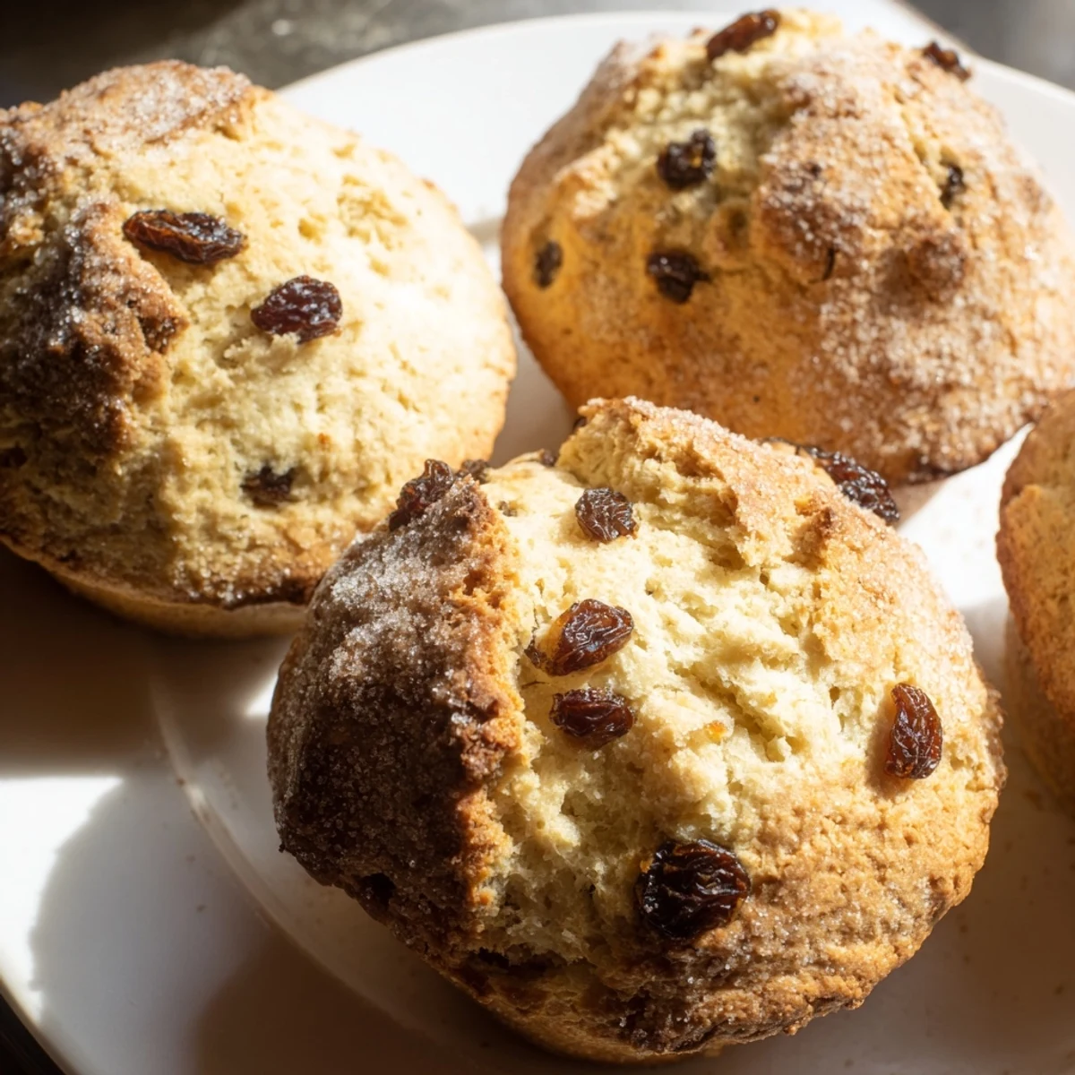 A close-up of Irish Soda Bread Muffins with Raisins, showing a tender crumb and plump raisins inside.
