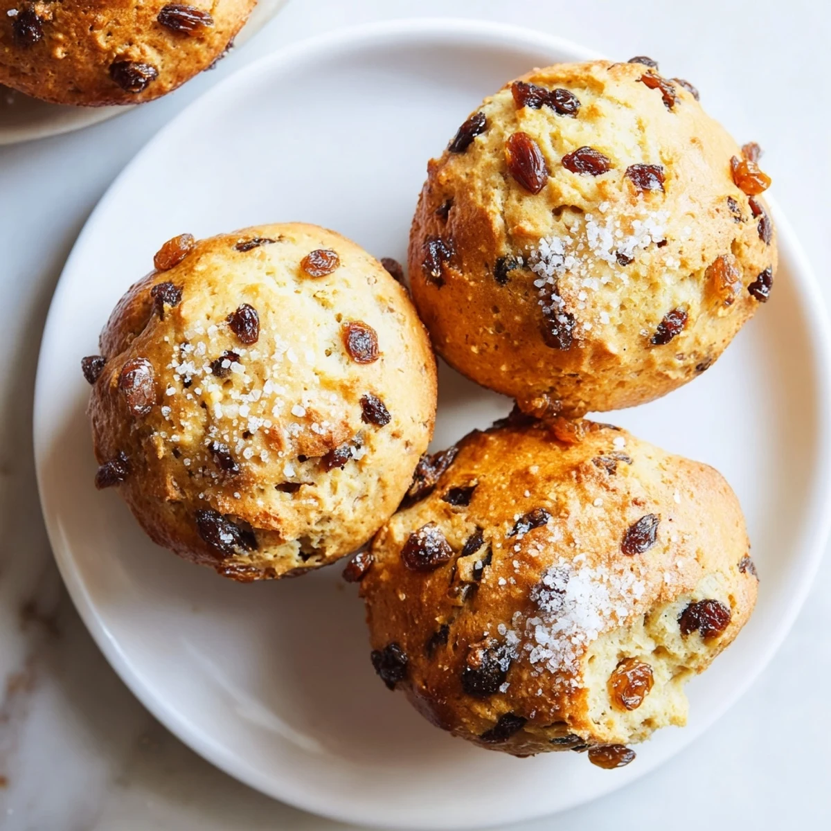 A close-up of freshly baked Irish Soda Bread Muffins with Raisins reveals tender crumb and juicy raisin specks, ready to serve warm with honey.