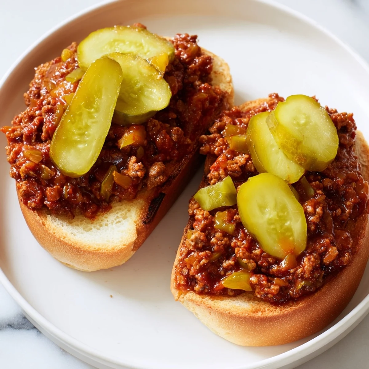 Saucy ground beef Sloppy Joes piled on buttery toasted buns topped with dill pickle slices.