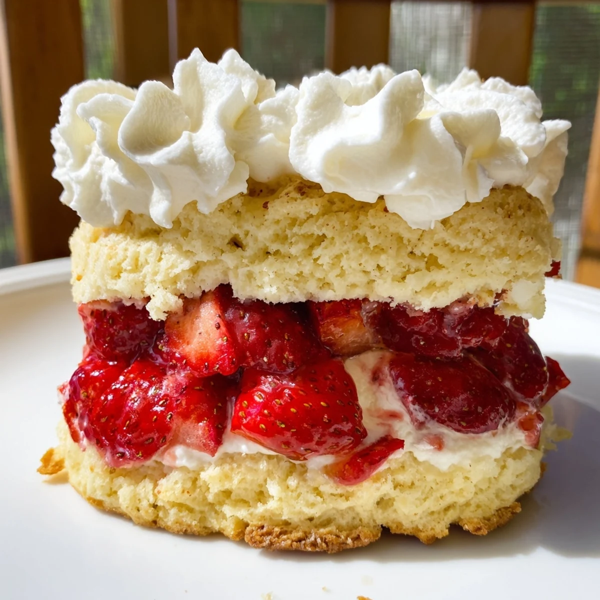 Fluffy Strawberry Shortcake Cups topped with billowy whipped cream and fresh berry slices on a rustic table.