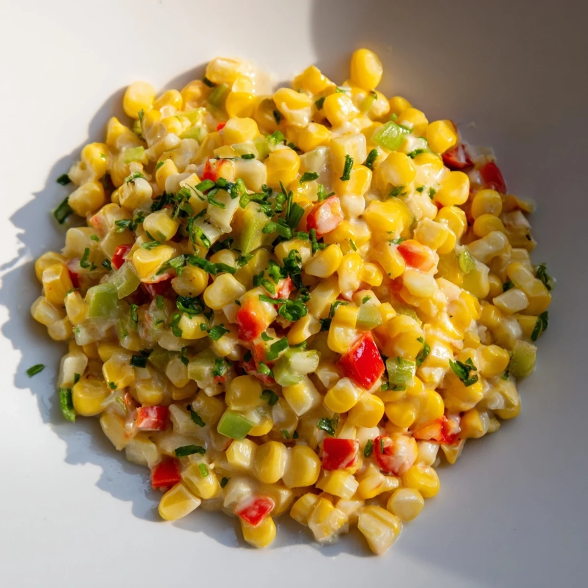 A skillet of simmering Creole Corn Maque Choux with Peppers, blending rich cream and spices for a hearty, vegetarian main.