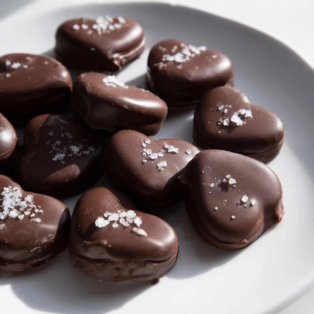 Freshly cut Chocolate Peanut Butter Hearts with Sea Salt arranged on parchment, showcasing smooth chocolate shells and a sprinkle of flaky salt.